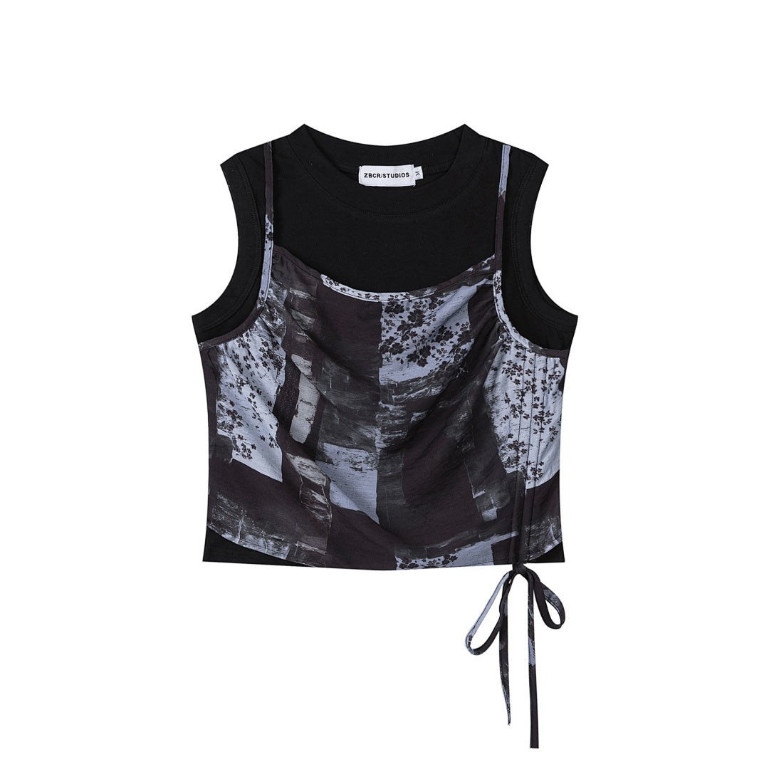 Abstract Floral Print Side Tie Layered‑Look Tank