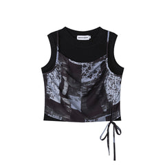 Abstract Floral Print Side Tie Layered‑Look Tank