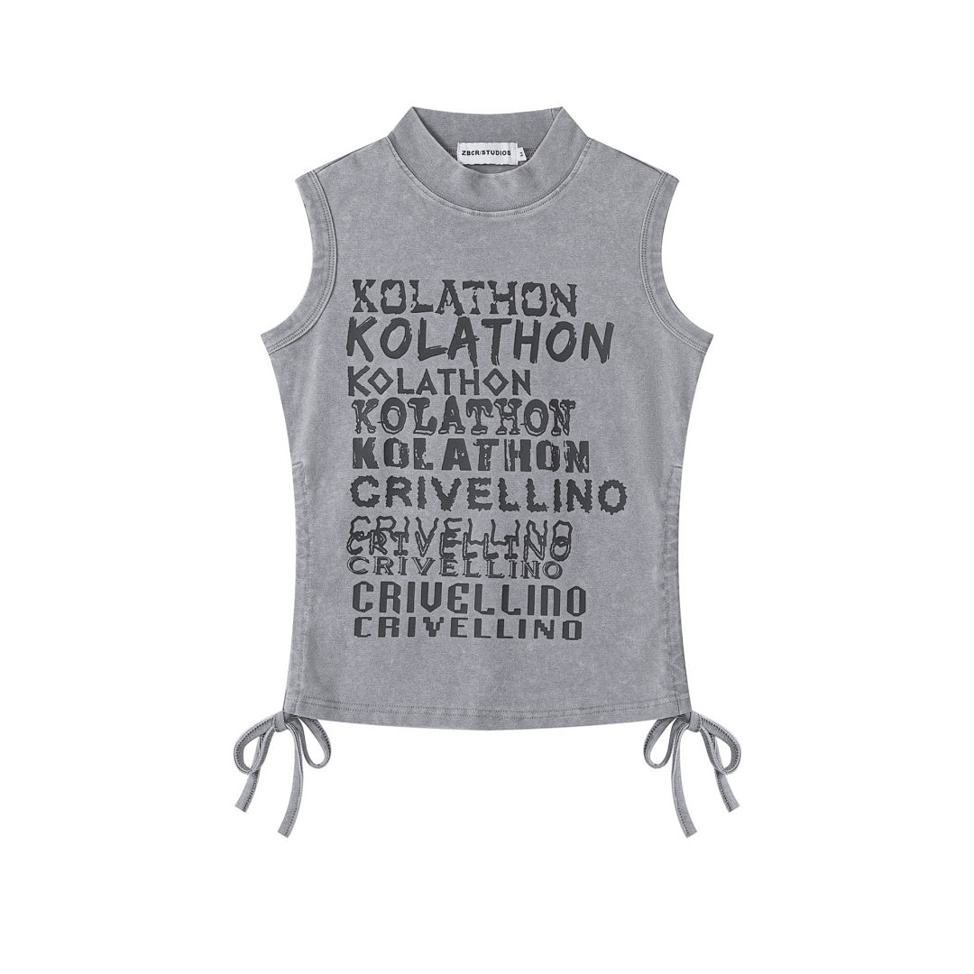 Wash Effect Stacked Text Draw‑string Mock Neck Tank