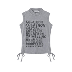 Wash Effect Stacked Text Draw‑string Mock Neck Tank