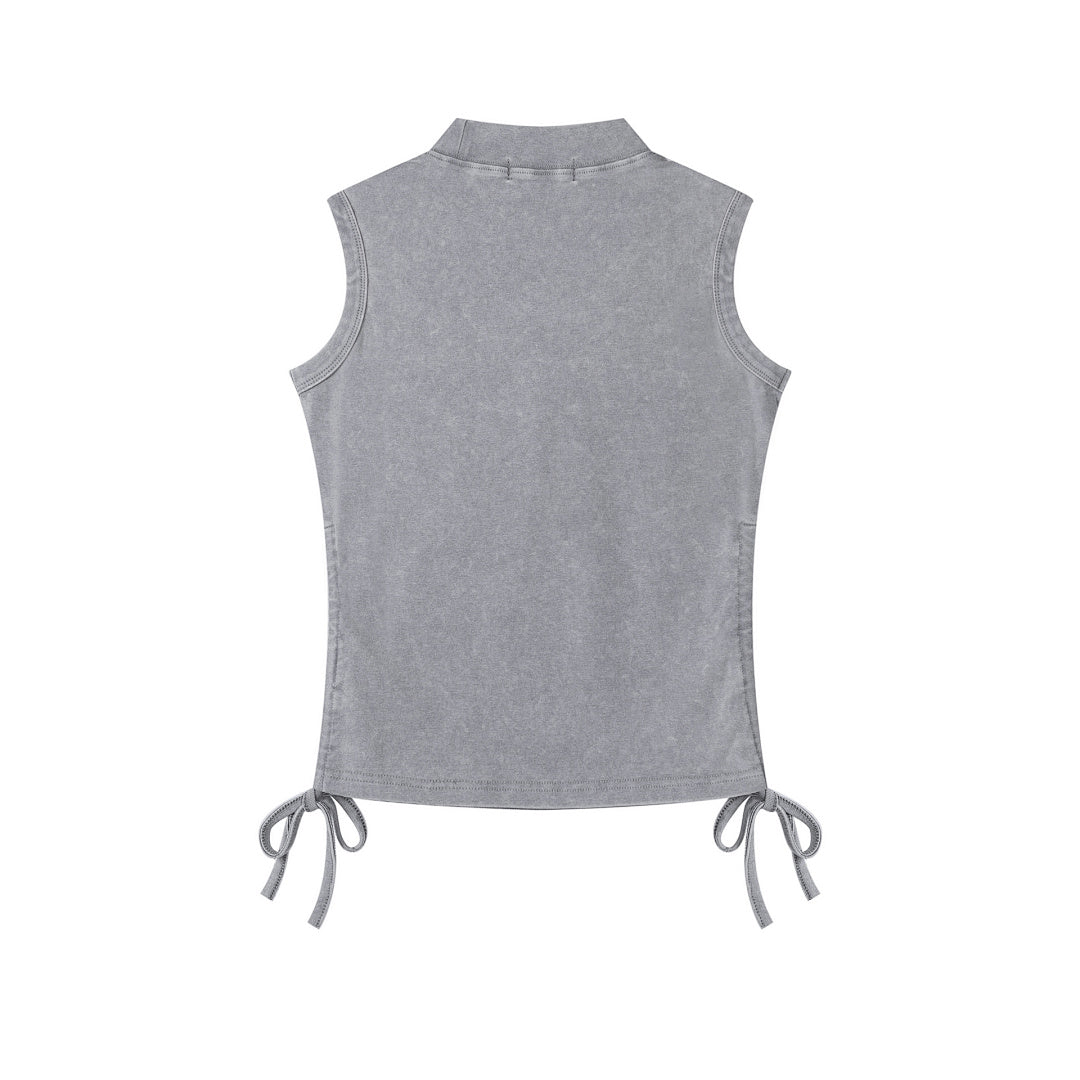 Wash Effect Stacked Text Draw‑string Mock Neck Tank