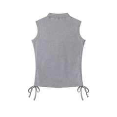 Wash Effect Stacked Text Draw‑string Mock Neck Tank