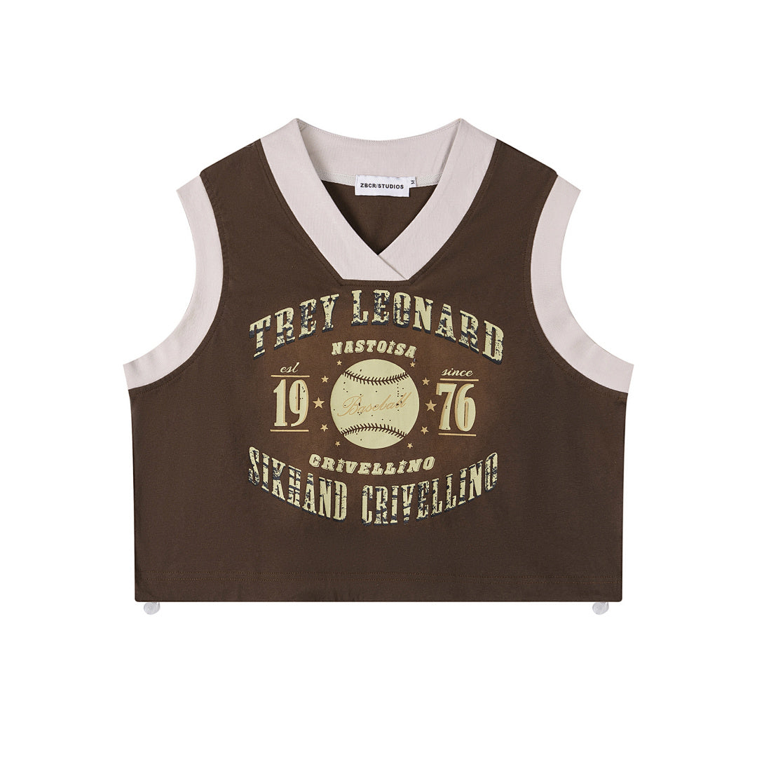 Contrast V‑Neck Vintage Baseball Print Cropped Vest