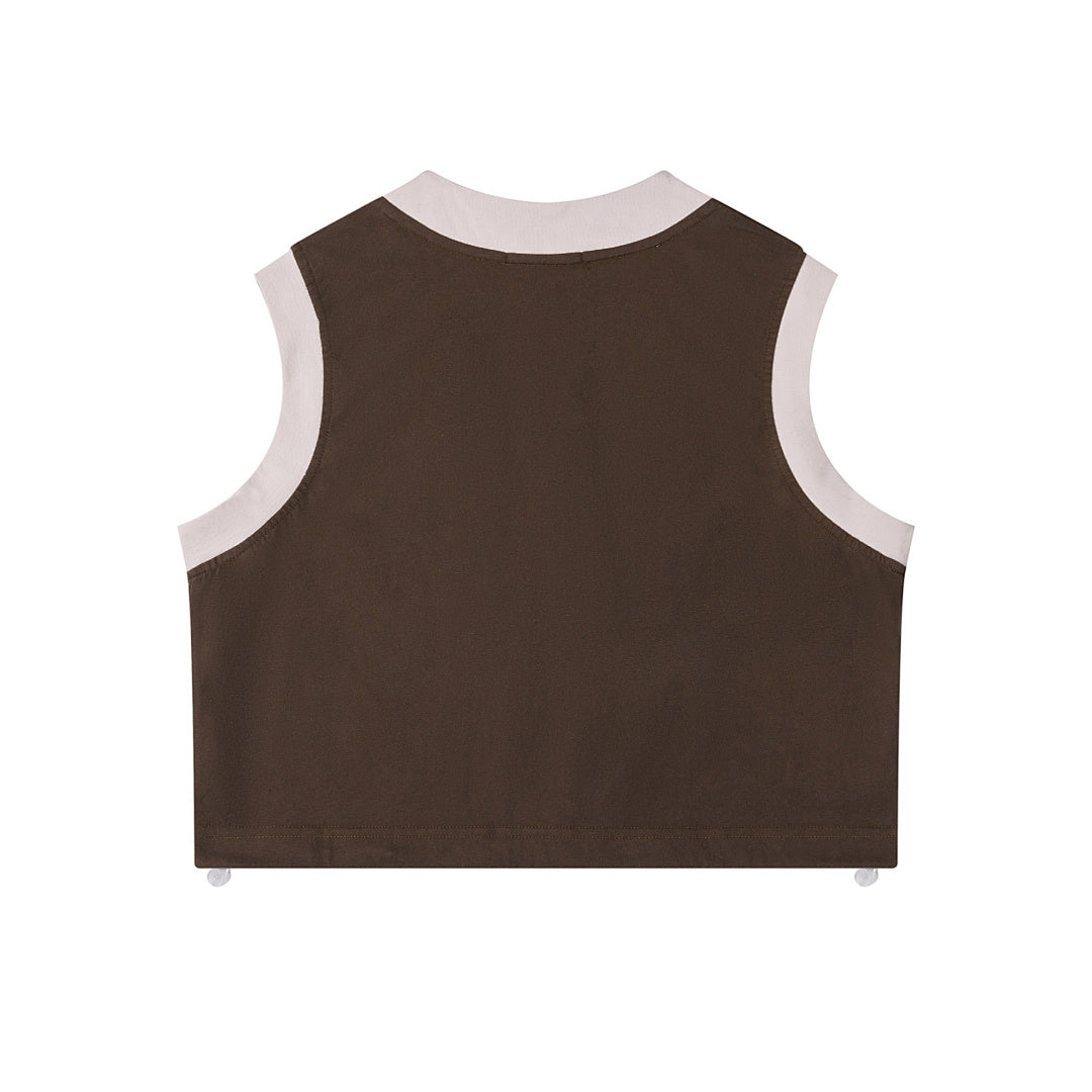 Contrast V‑Neck Vintage Baseball Print Cropped Vest