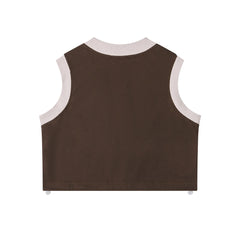 Contrast V‑Neck Vintage Baseball Print Cropped Vest
