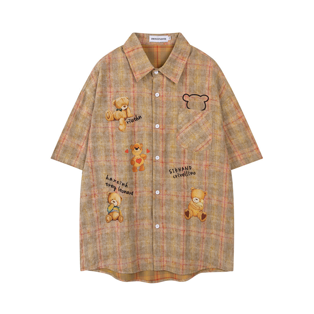 Vintage Washed Plaid Bear Print Short Sleeve Shirt
