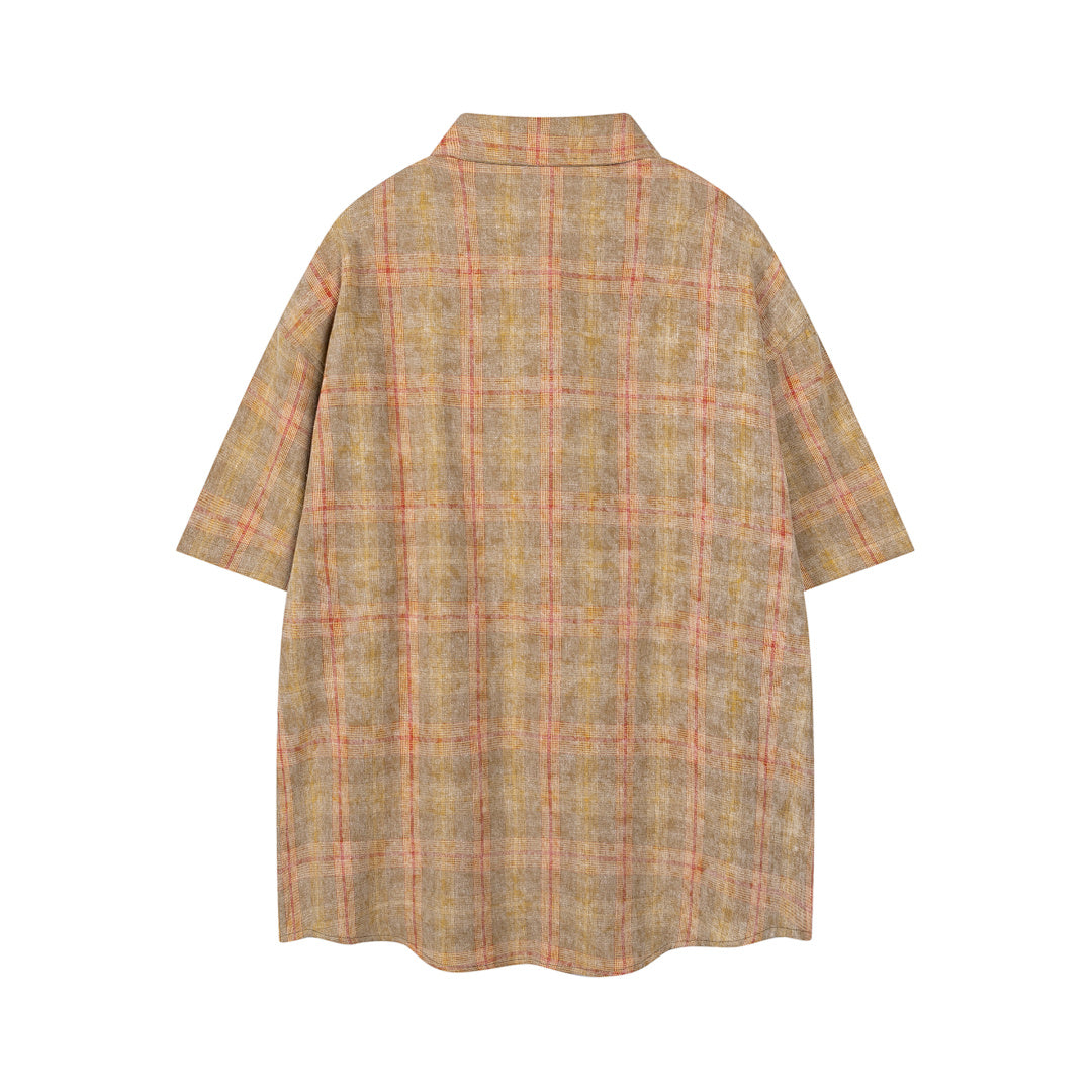Vintage Washed Plaid Bear Print Short Sleeve Shirt