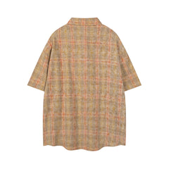 Vintage Washed Plaid Bear Print Short Sleeve Shirt