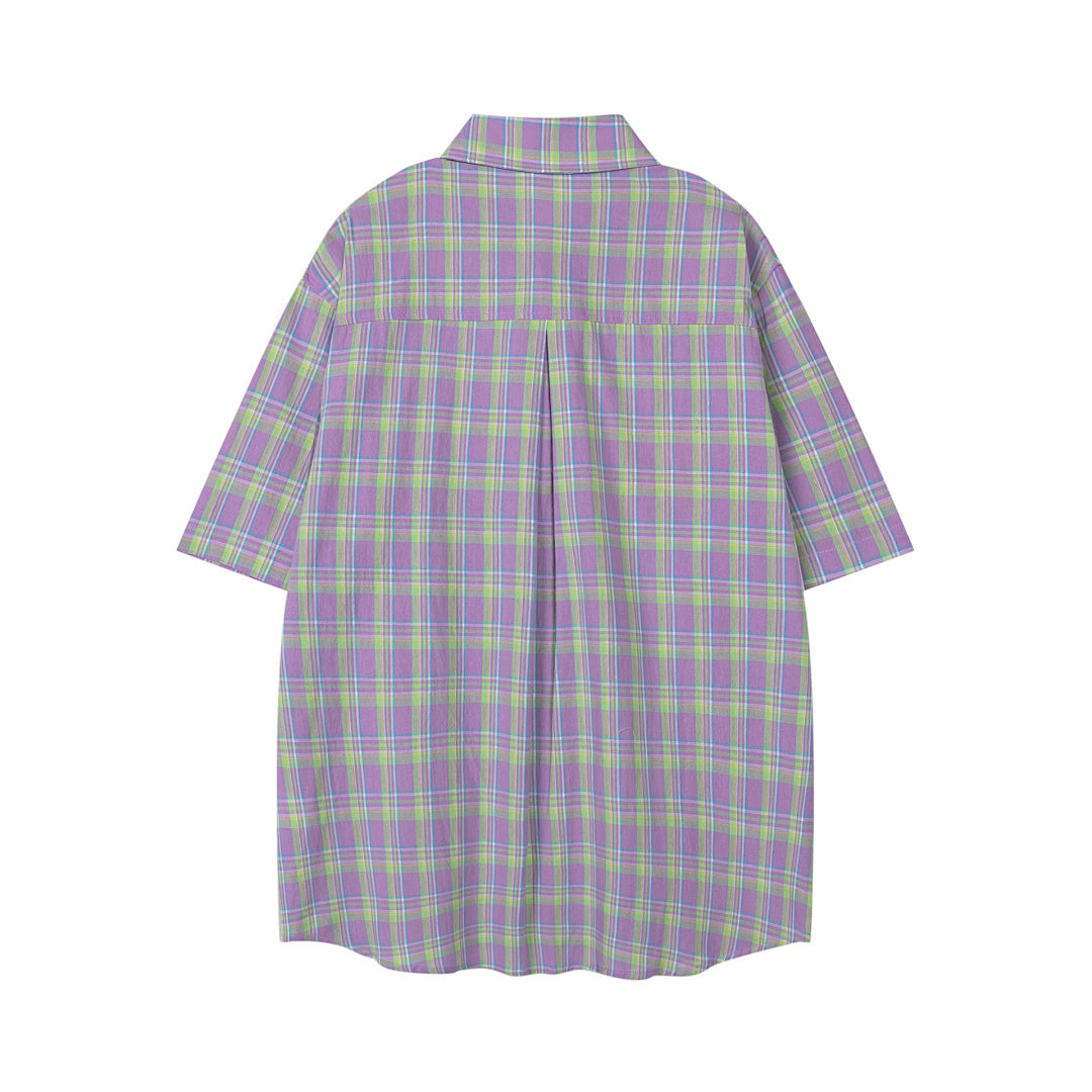 Purple Green Plaid Cartoon Embroidery Shirt