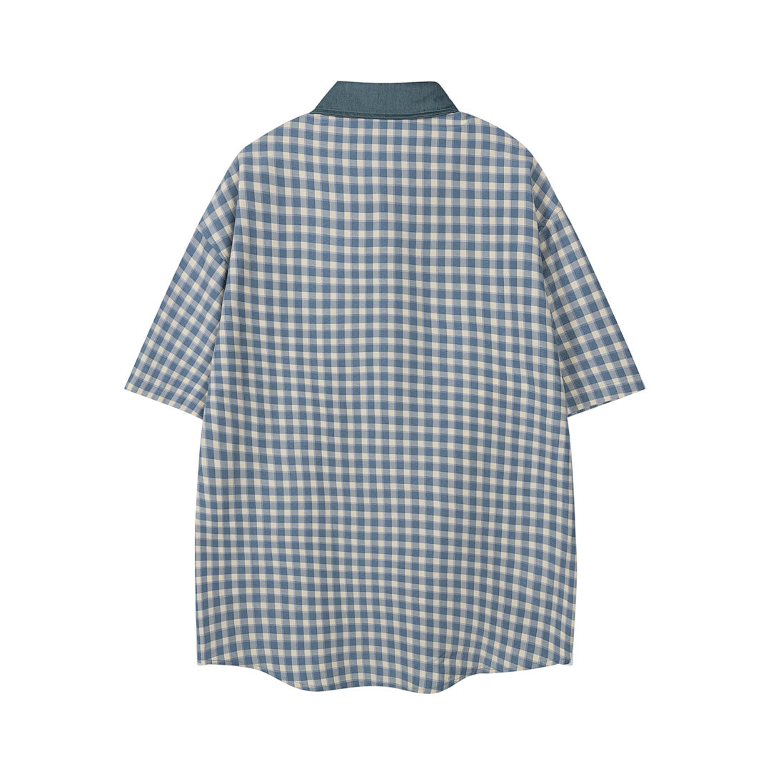 Contrast Panel Cat Embroidery Short Sleeve Plaid Shirt