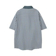 Contrast Panel Cat Embroidery Short Sleeve Plaid Shirt