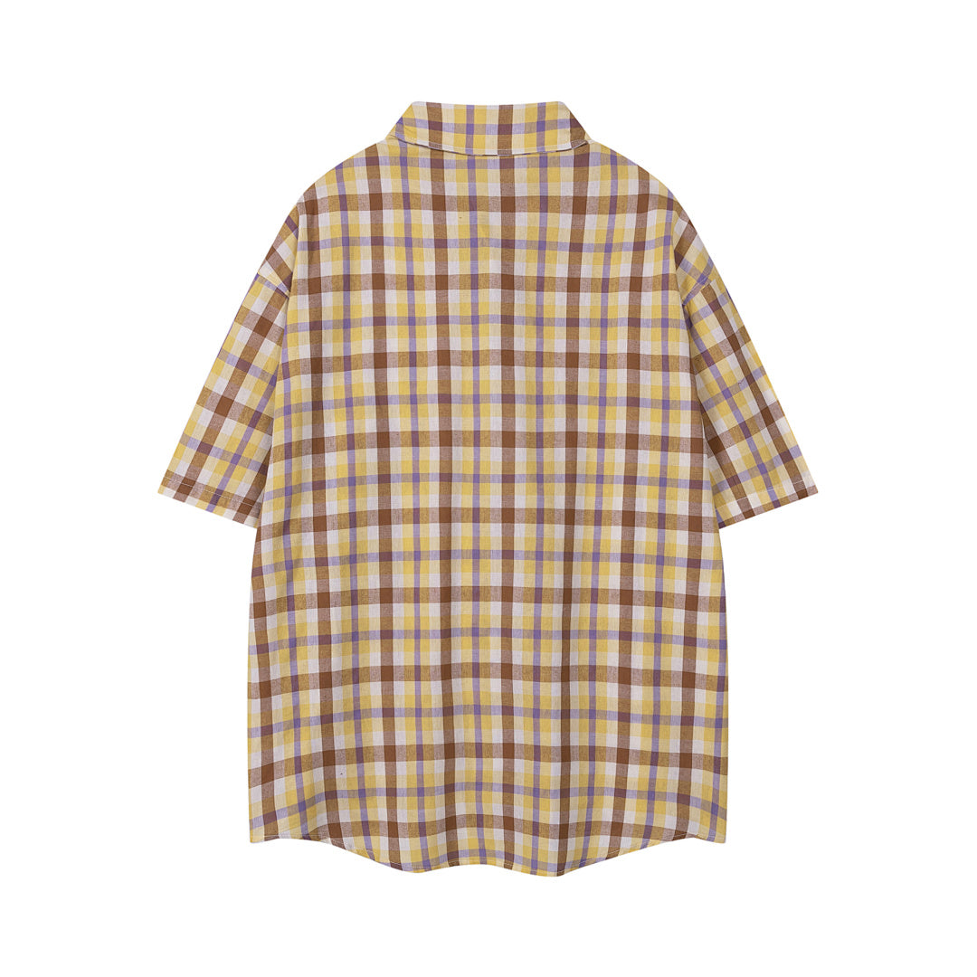Vintage Plaid Bear Embroidery Short Sleeve Shirt