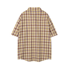 Vintage Plaid Bear Embroidery Short Sleeve Shirt