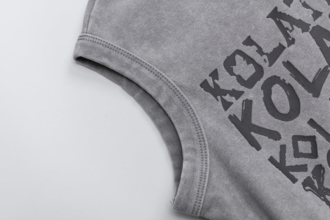 Wash Effect Stacked Text Draw‑string Mock Neck Tank