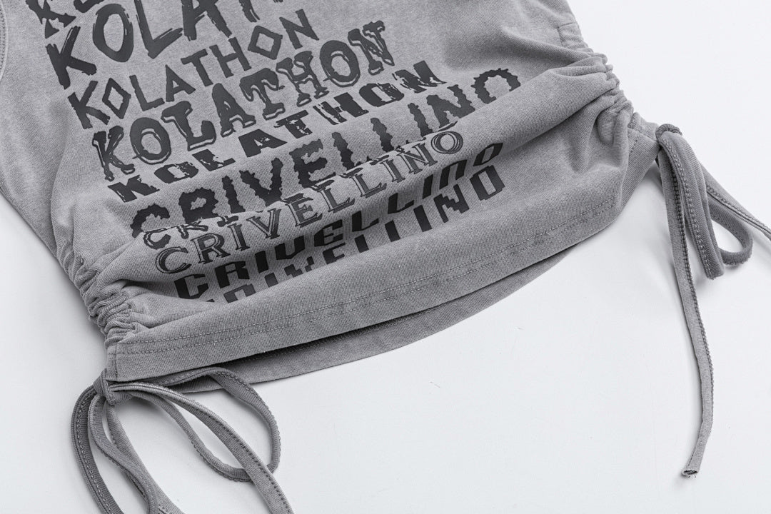 Wash Effect Stacked Text Draw‑string Mock Neck Tank