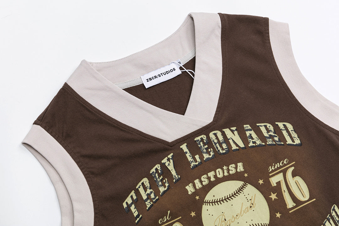 Contrast V‑Neck Vintage Baseball Print Cropped Vest