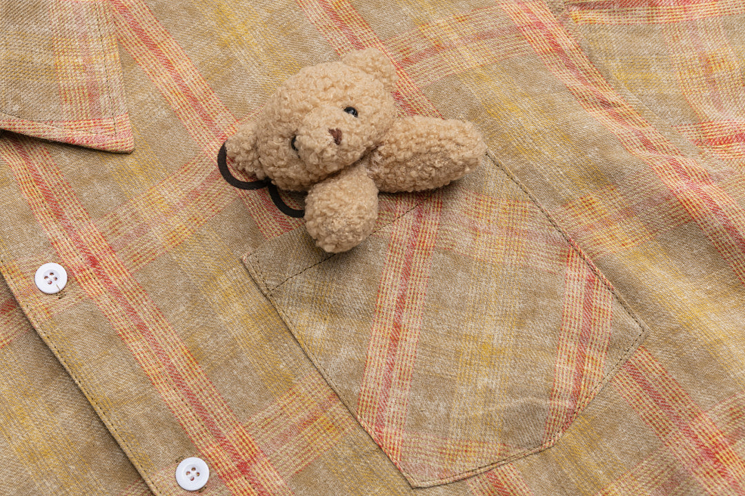 Vintage Washed Plaid Bear Print Short Sleeve Shirt