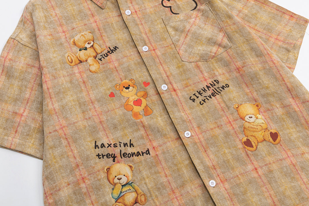 Vintage Washed Plaid Bear Print Short Sleeve Shirt