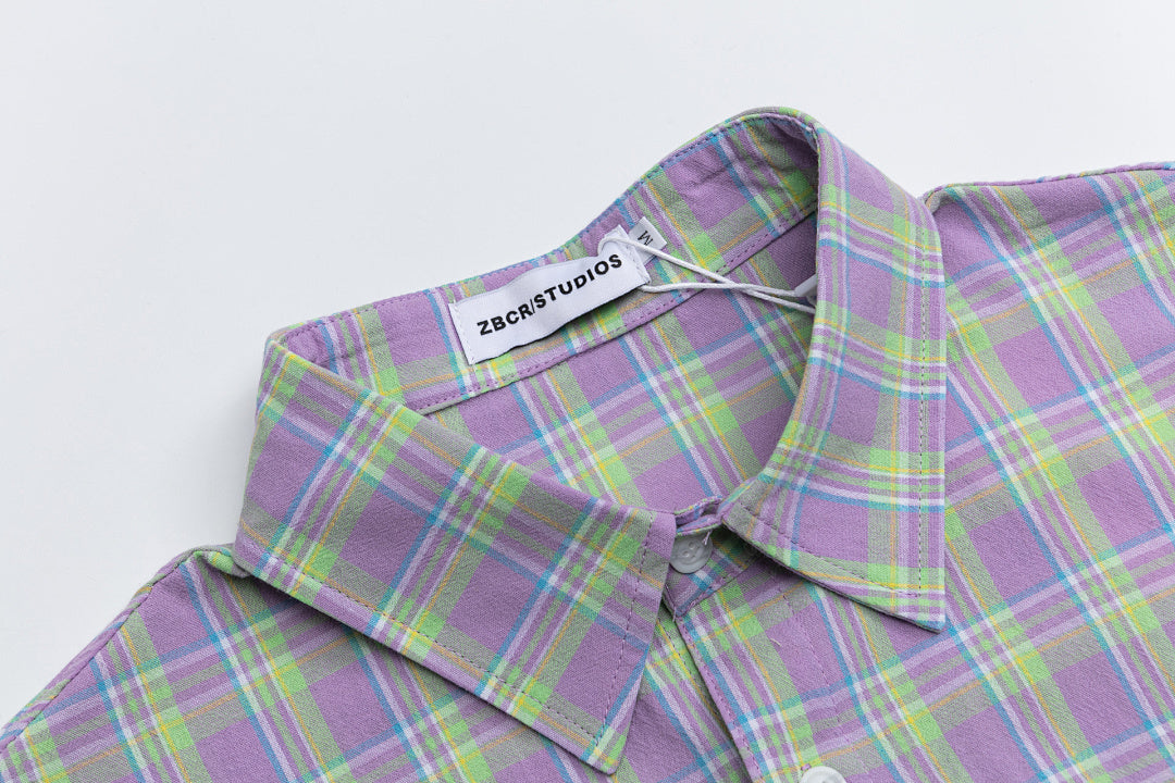 Purple Green Plaid Cartoon Embroidery Shirt