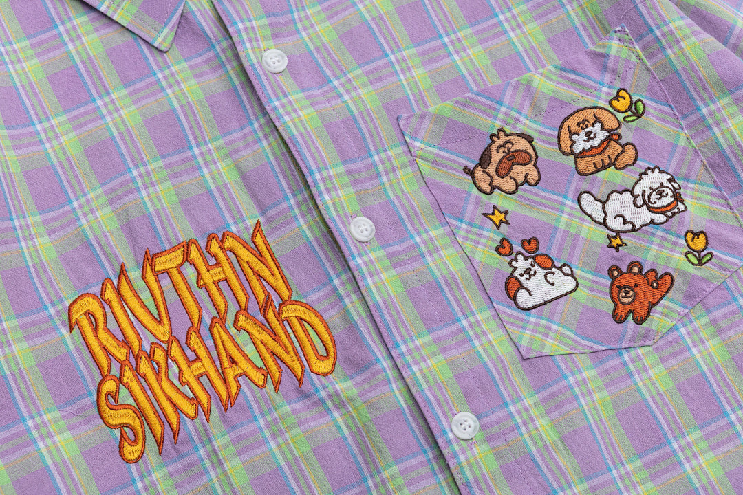 Purple Green Plaid Cartoon Embroidery Shirt