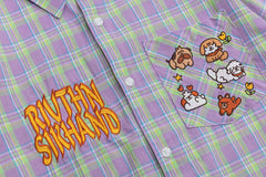 Purple Green Plaid Cartoon Embroidery Shirt