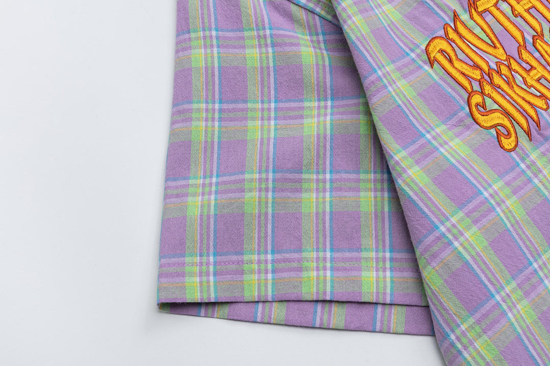 Purple Green Plaid Cartoon Embroidery Shirt