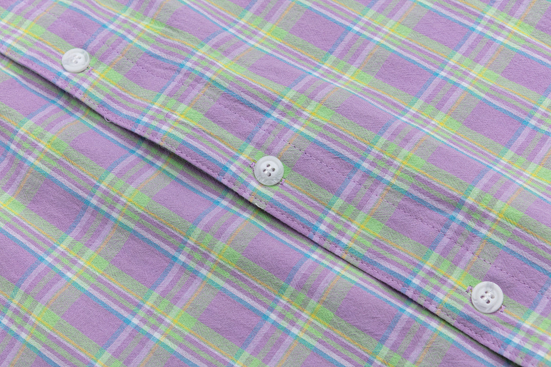 Purple Green Plaid Cartoon Embroidery Shirt