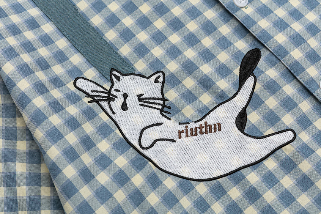 Contrast Panel Cat Embroidery Short Sleeve Plaid Shirt