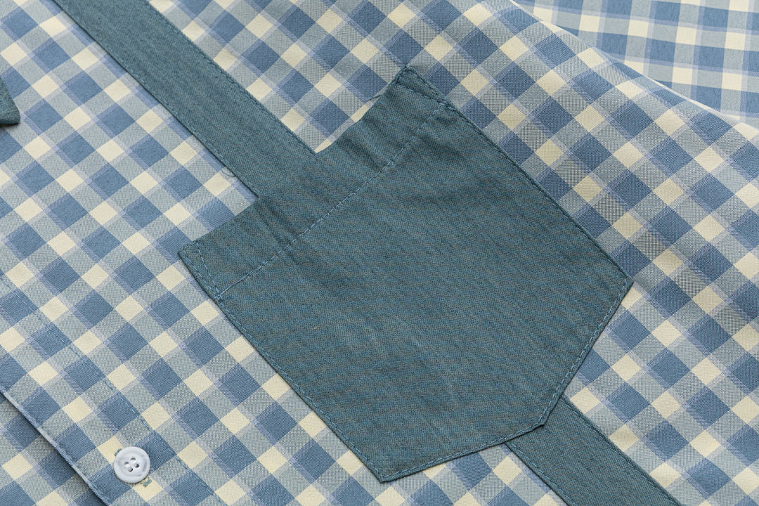 Contrast Panel Cat Embroidery Short Sleeve Plaid Shirt