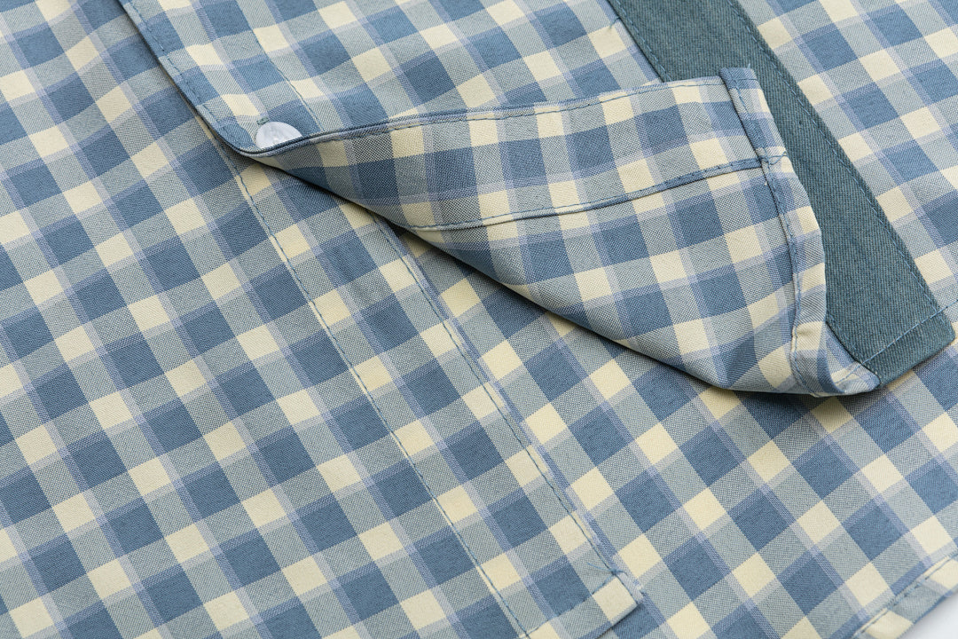 Contrast Panel Cat Embroidery Short Sleeve Plaid Shirt
