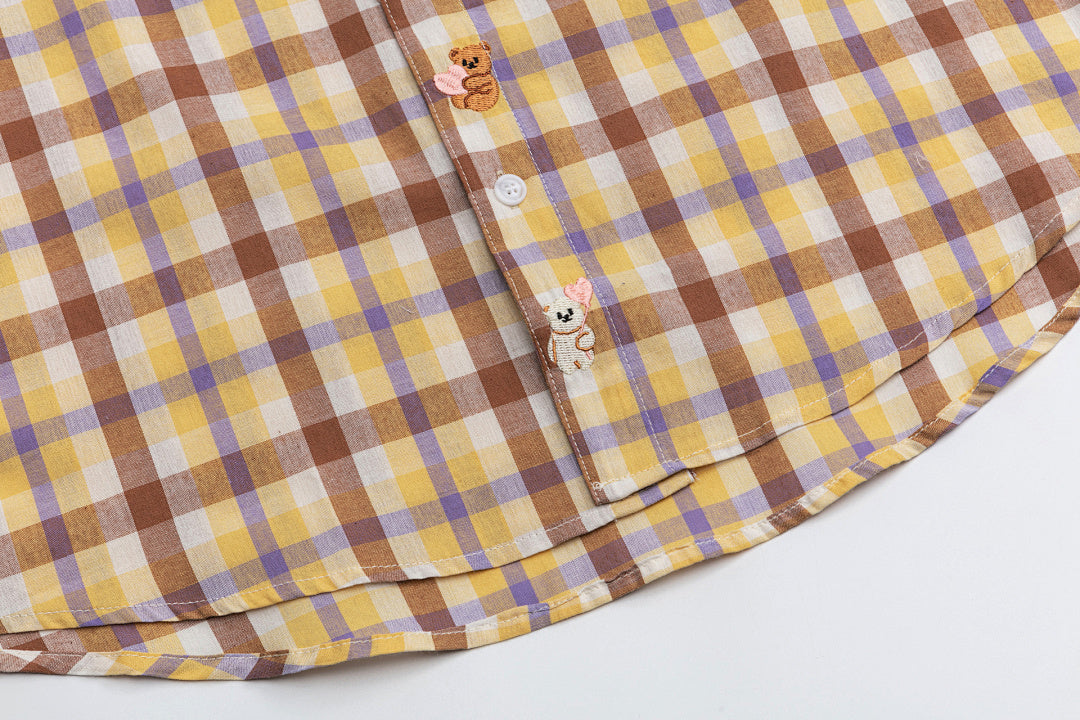 Vintage Plaid Bear Embroidery Short Sleeve Shirt
