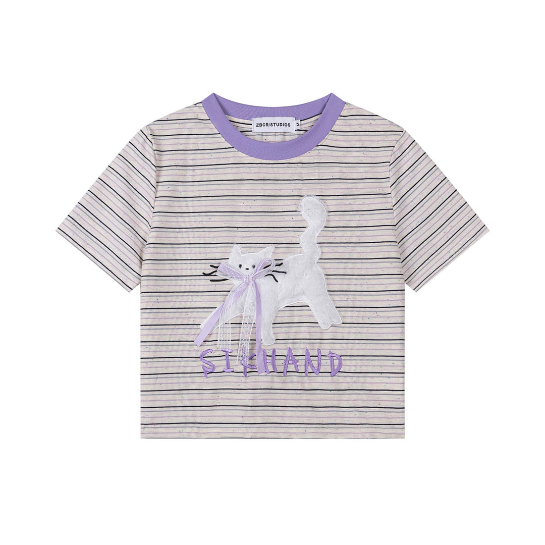 Striped Cropped Tee Cat Applique Ribbon Detail