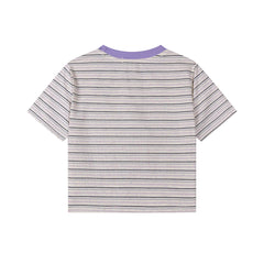Striped Cropped Tee Cat Applique Ribbon Detail