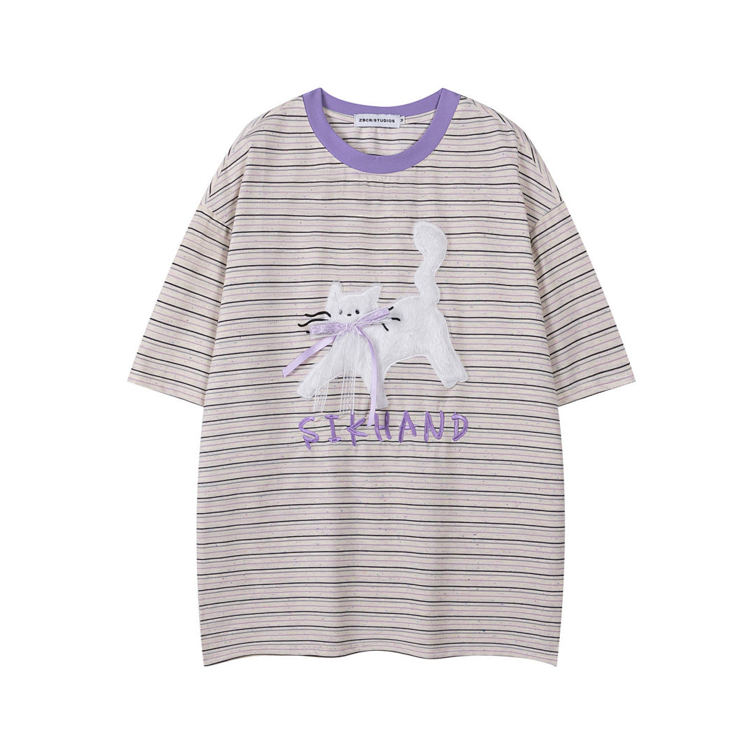 Striped Ringer Tee Fuzzy Cat Patch With Ribbon