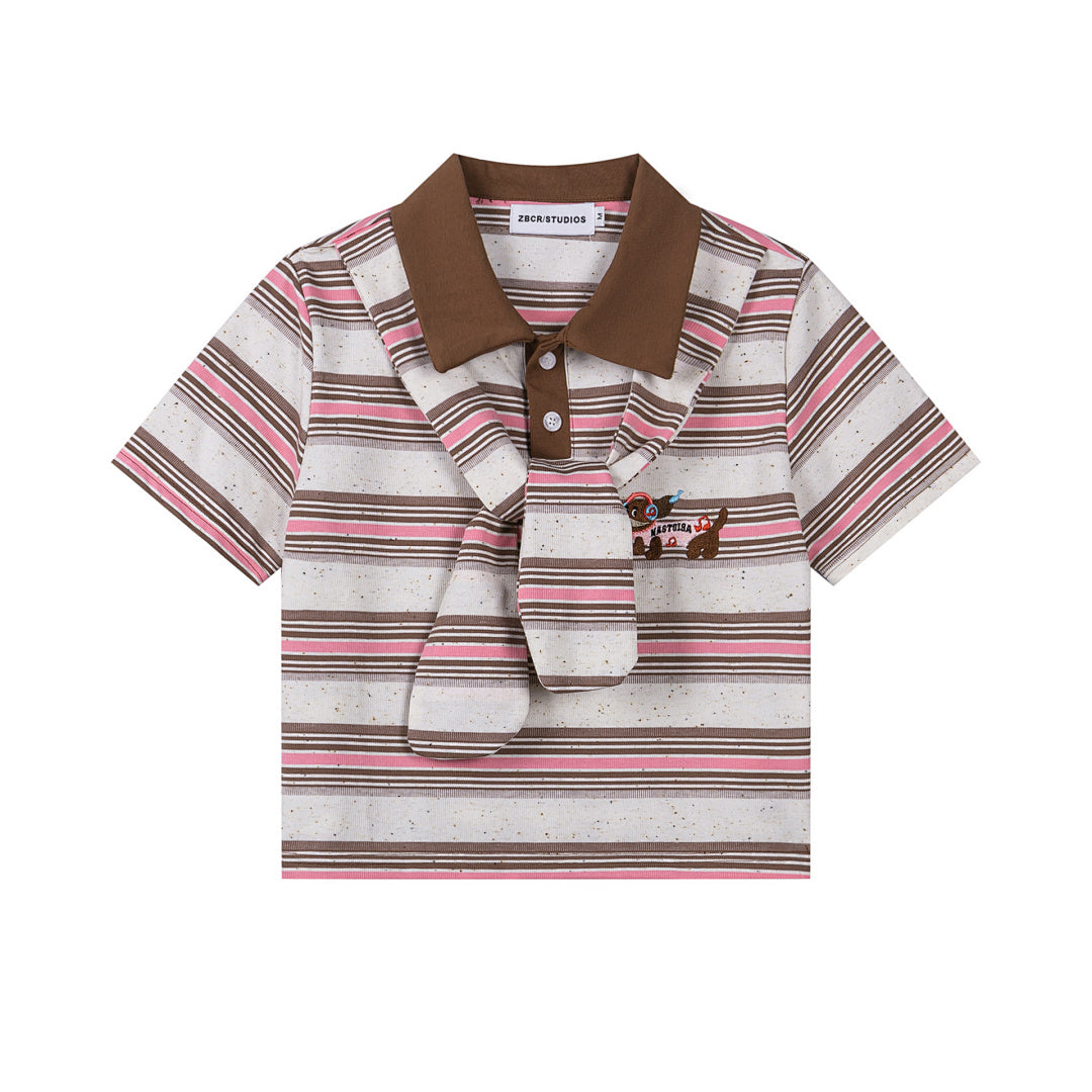 Striped Polo With Detachable Scarf, Cropped & Oversized