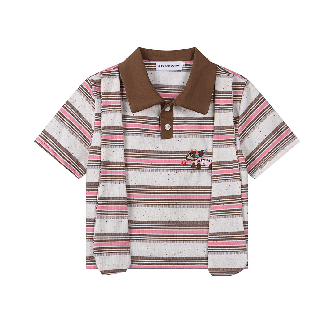 Striped Polo With Detachable Scarf, Cropped & Oversized