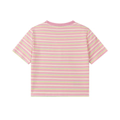 Pastel Stripe Cropped Tee Cat Embroidery