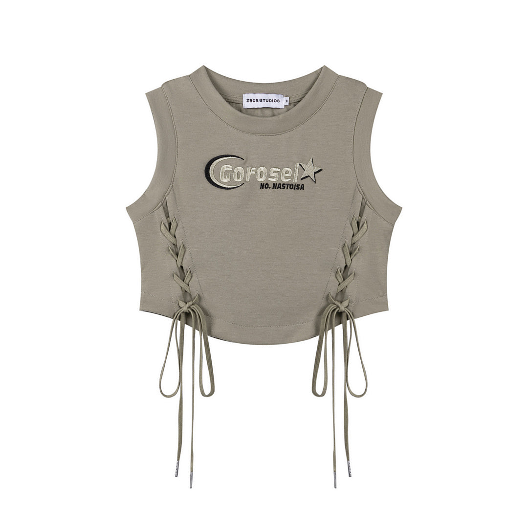 Moon Star Embroidery Side Lace‑Up Cropped Tank Top