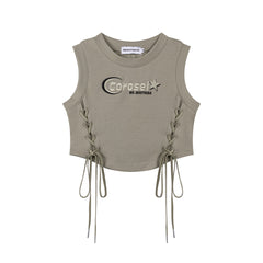 Moon Star Embroidery Side Lace‑Up Cropped Tank Top