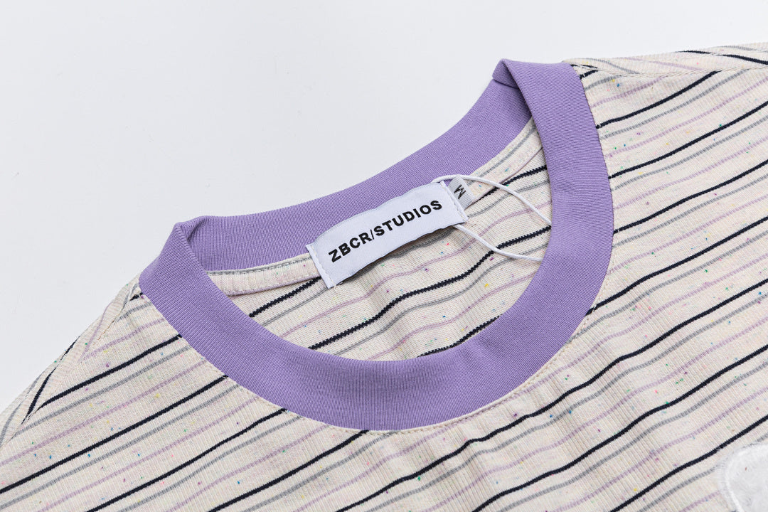 Striped Ringer Tee Fuzzy Cat Patch With Ribbon