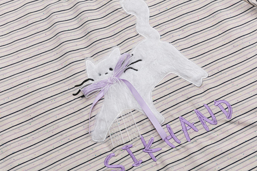 Striped Ringer Tee Fuzzy Cat Patch With Ribbon