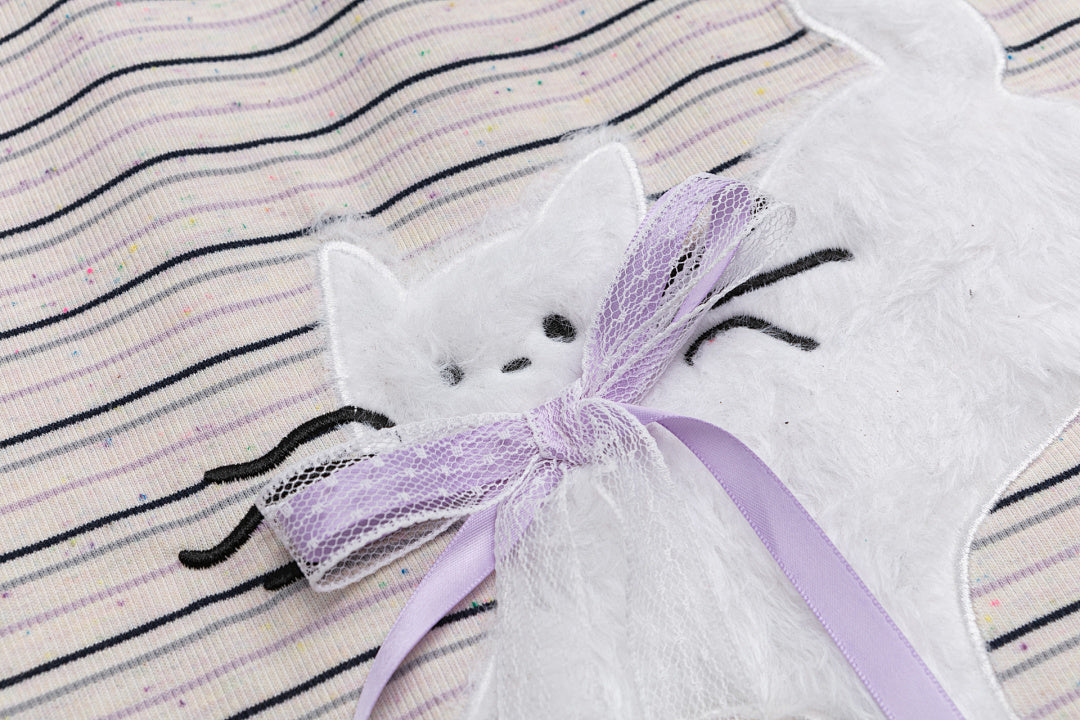 Striped Cropped Tee Cat Applique Ribbon Detail