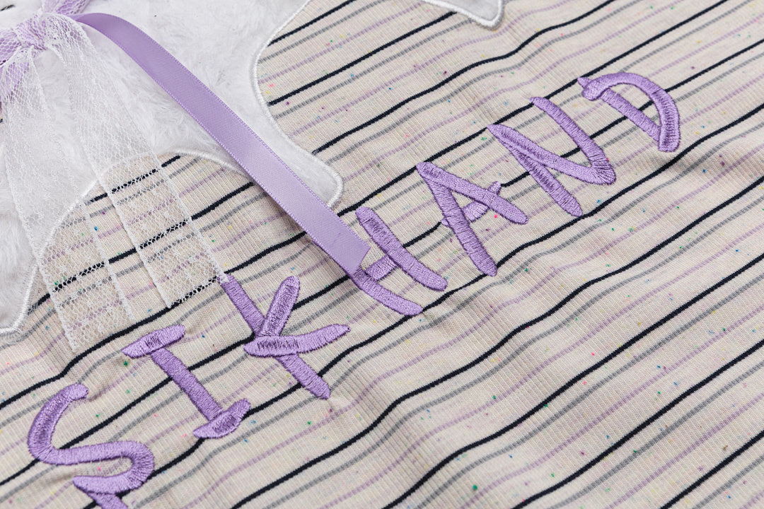 Striped Ringer Tee Fuzzy Cat Patch With Ribbon