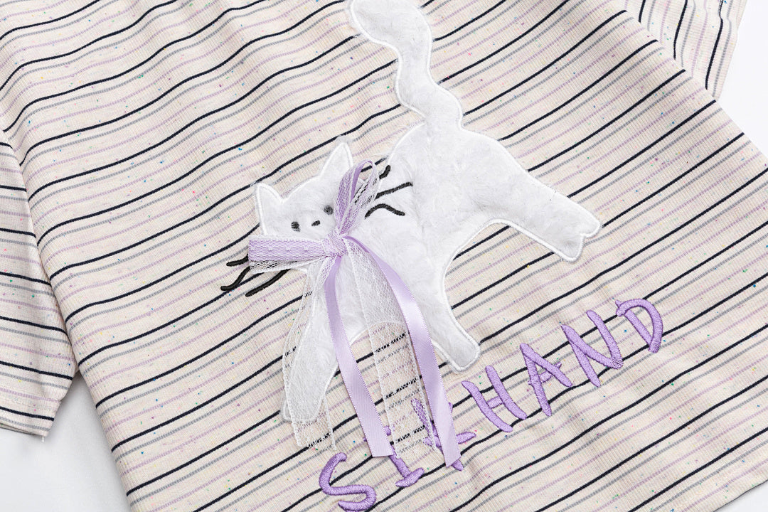Striped Cropped Tee Cat Applique Ribbon Detail
