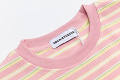 Pastel Stripe Cropped Tee Cat Embroidery