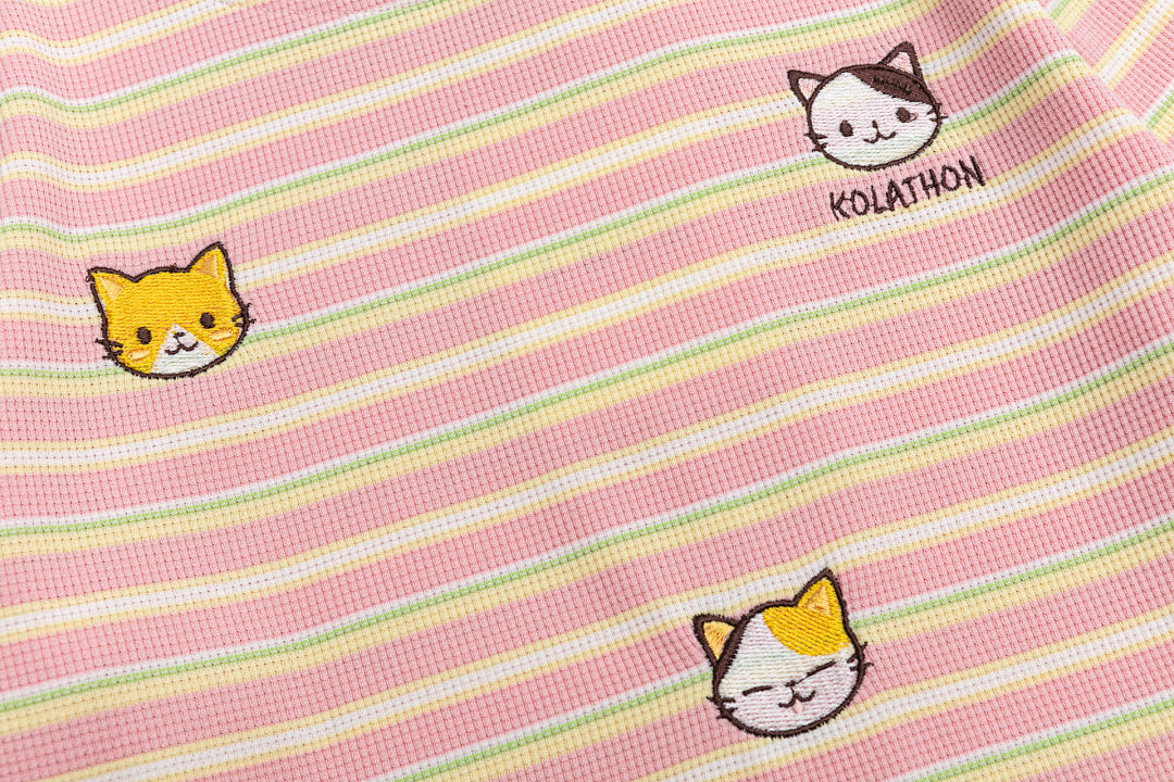 Pastel Stripe Cropped Tee Cat Embroidery