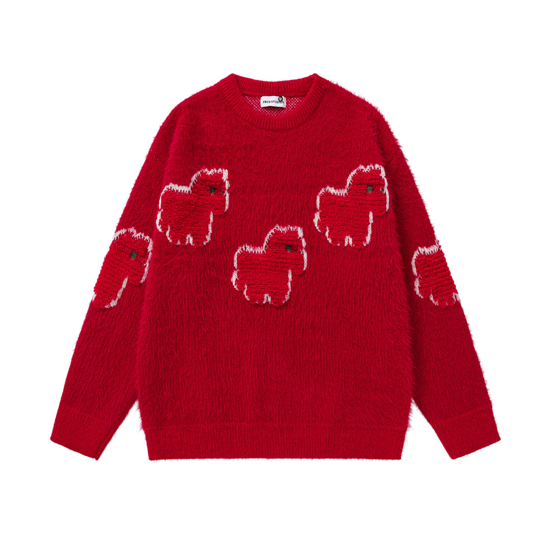 Fuzzy Knit Sweater Cartoon Pony Motif Jacquard
