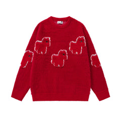 Fuzzy Knit Sweater Cartoon Pony Motif Jacquard