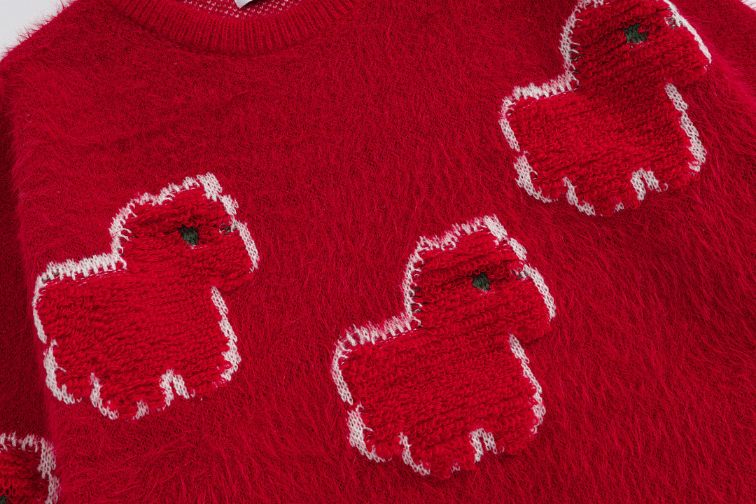 Fuzzy Knit Sweater Cartoon Pony Motif Jacquard