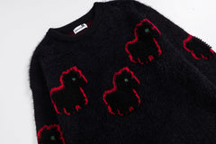 Fuzzy Knit Sweater Cartoon Pony Motif Jacquard